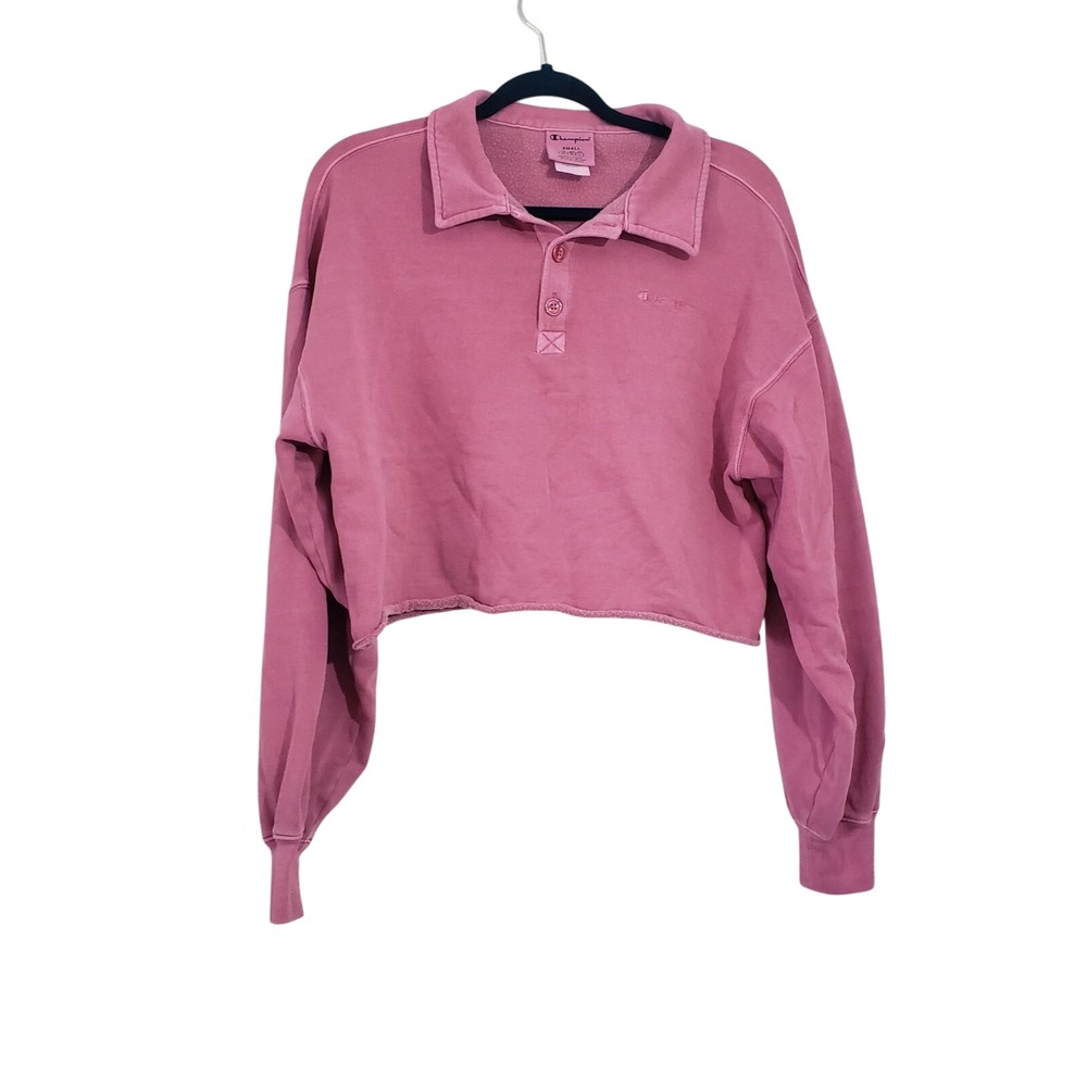 Champion Cropped Polo Sweatshirt Womens Small Pink Long Sleeve Raw Hem‎ Sporty